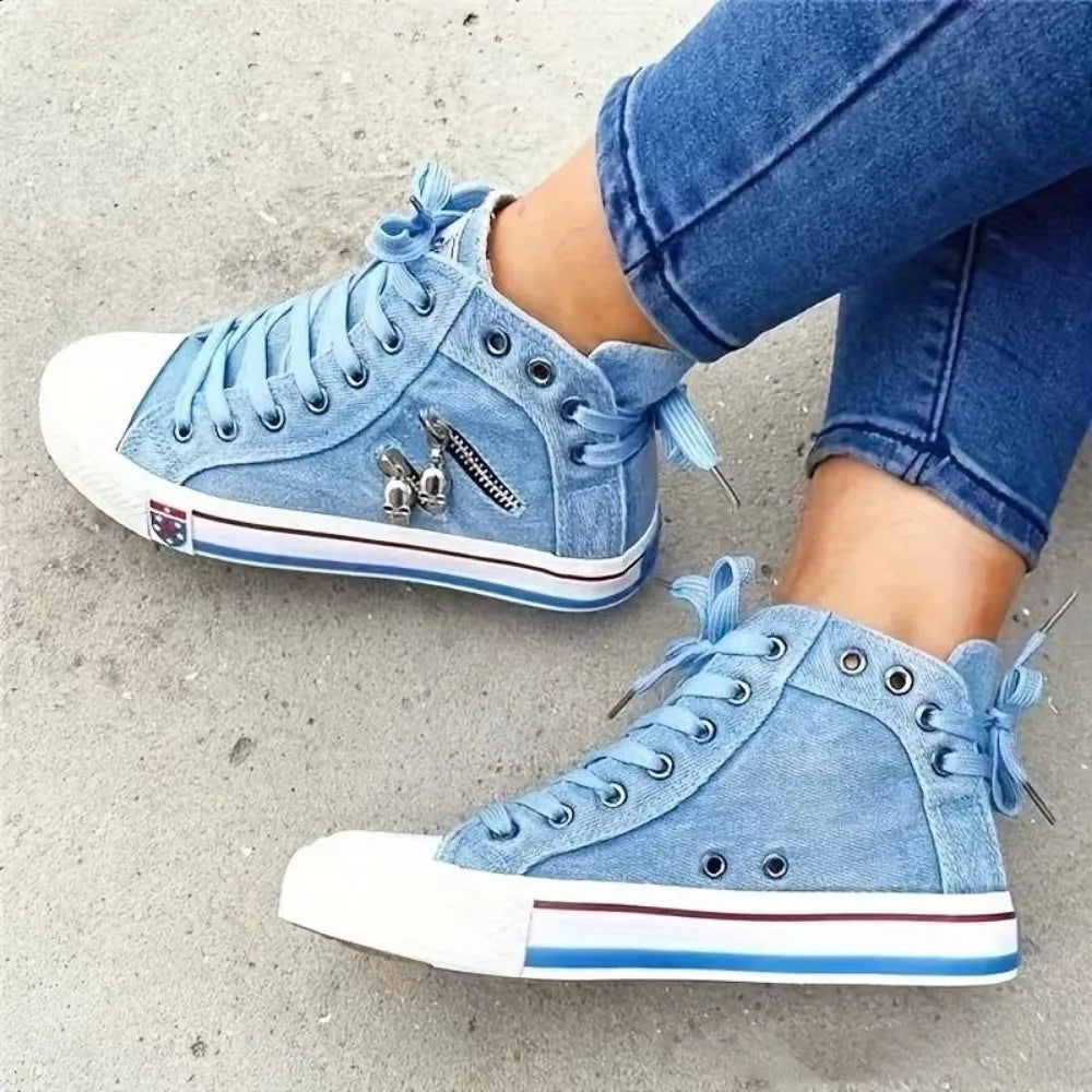 2024 New Women Canvas Shoes Retro Lace Skull Light Blue Retro Denim High Top Sneakers Classic Metal Decoration