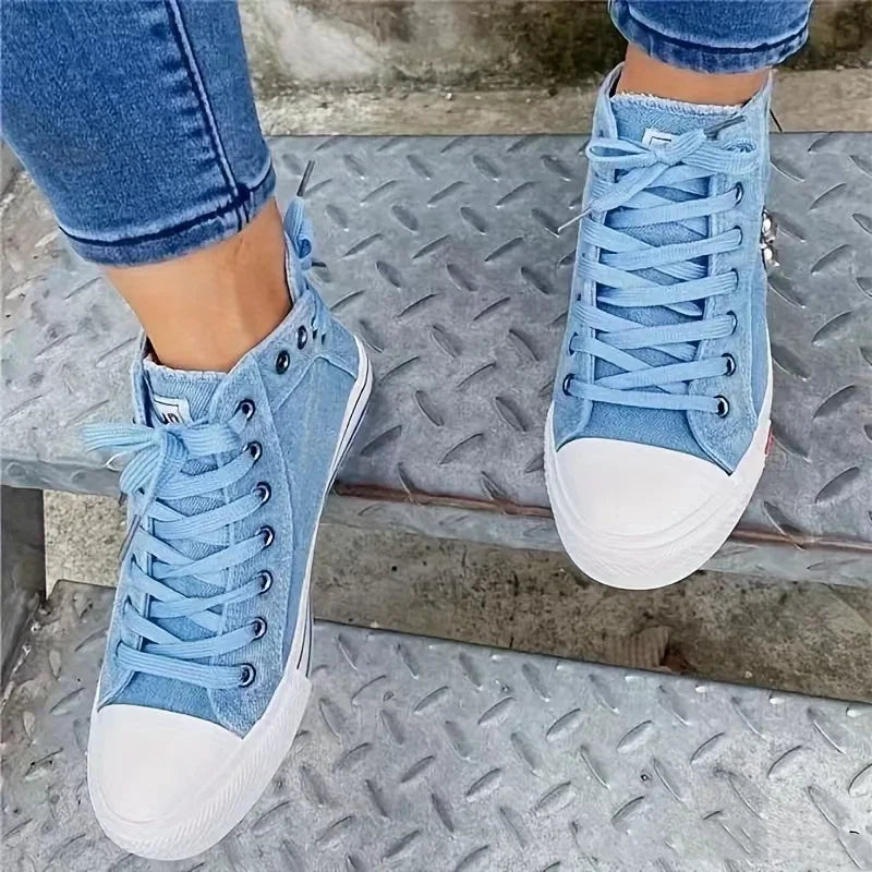 2024 New Women Canvas Shoes Retro Lace Skull Light Blue Retro Denim High Top Sneakers Classic Metal Decoration