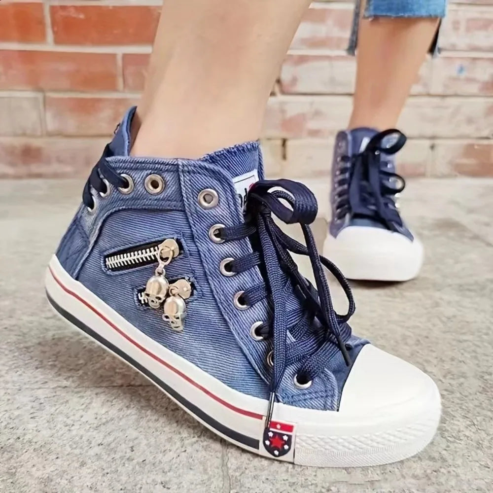 2024 New Women Canvas Shoes Retro Lace Skull Light Blue Retro Denim High Top Sneakers Classic Metal Decoration