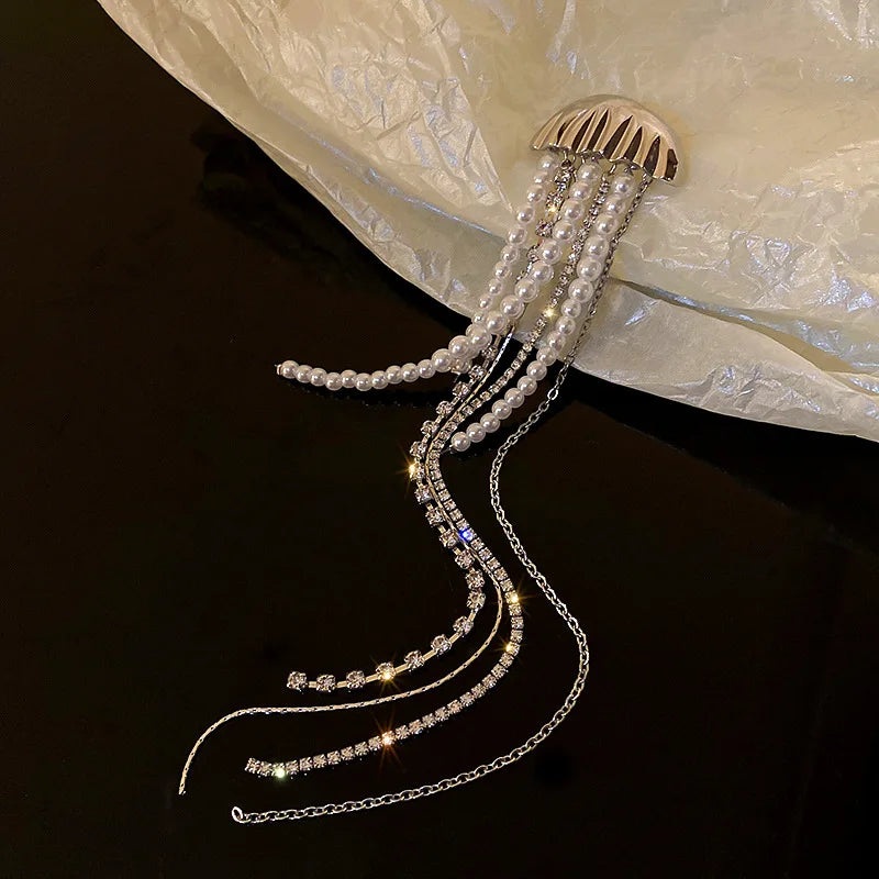 XIALUOKE 1 Piece Vintage Hyperbole Crystal Pearl Jellyfish Long Tassels Collar Brooche