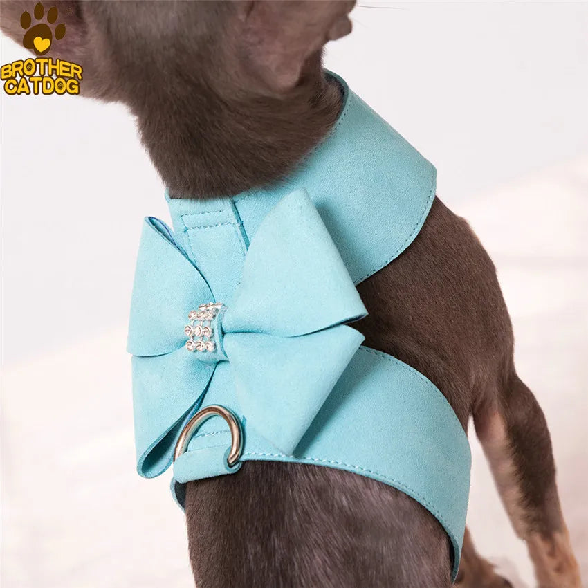 Small Dog Harness Leash Set Soft Suede Leather Harness With Large Bow