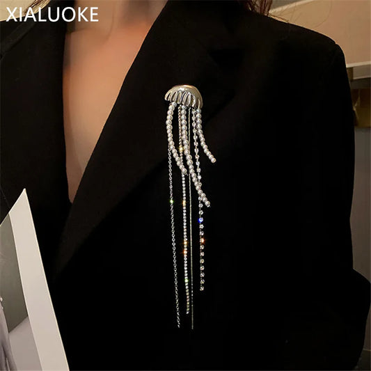 XIALUOKE 1 Piece Vintage Hyperbole Crystal Pearl Jellyfish Long Tassels Collar Brooche