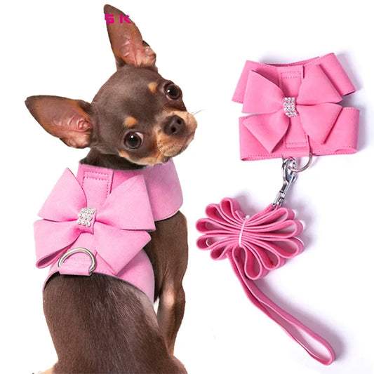 Small Dog Harness Leash Set Soft Suede Leather Harness With Large Bow