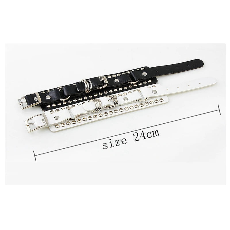 Black/White Leather Wristband Bracelet Cuff Gothic Punk Women/Men Spikes Rivet Stud Bangle