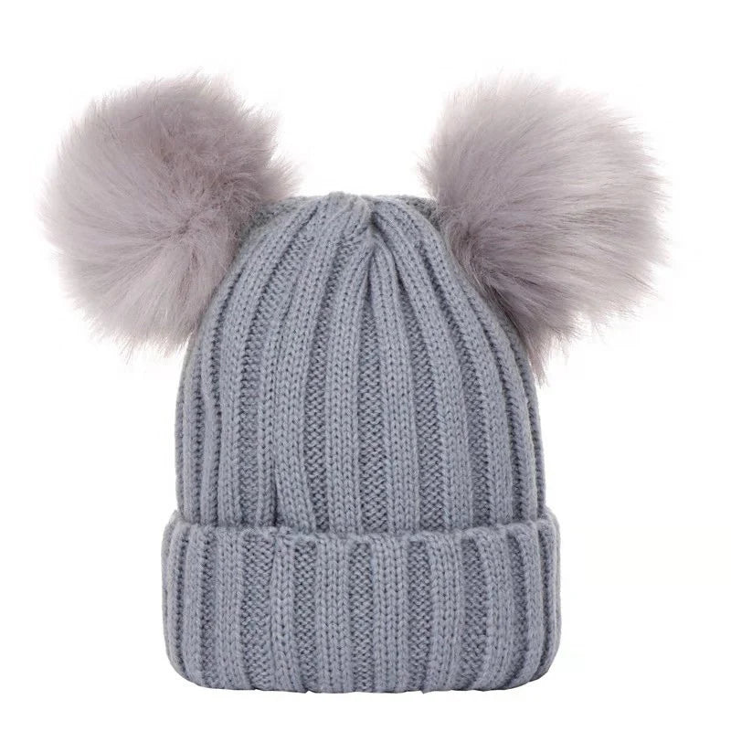 Winter Women Beanie Hats Faux Fur Ball Mother or Kids Hats