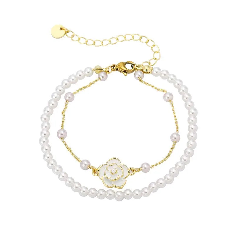 {SALE} White Camellia Flower Bracelets For Women Elegant Double Layer Simulated Pearl Beads Chain Bracelet