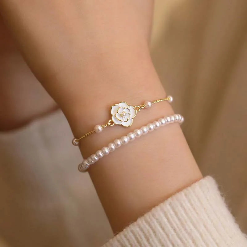 {SALE} White Camellia Flower Bracelets For Women Elegant Double Layer Simulated Pearl Beads Chain Bracelet