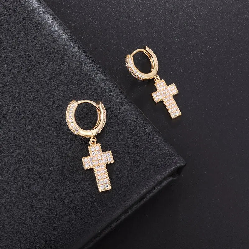 Hip Hop Ice Out Cross Pendant Earrings Hypoallergenic