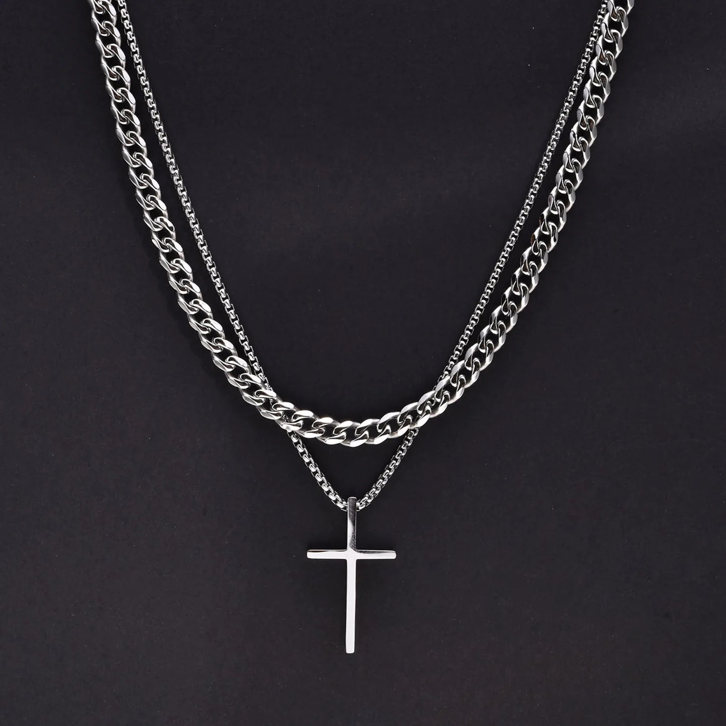 Men's Cross Necklaces, Stainless Steel Layered Rope Box Chain