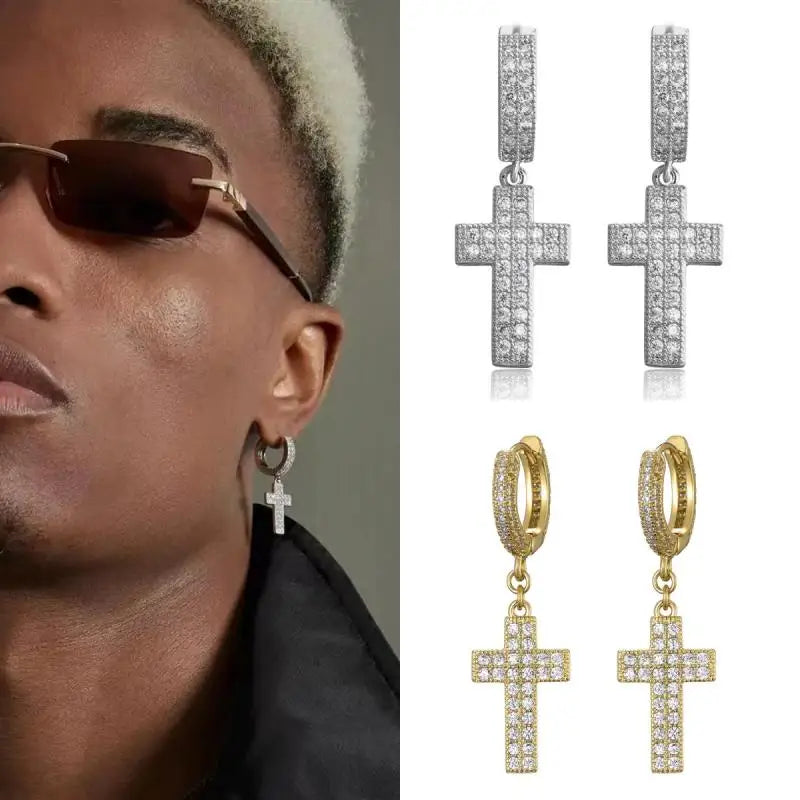 Hip Hop Ice Out Cross Pendant Earrings Hypoallergenic