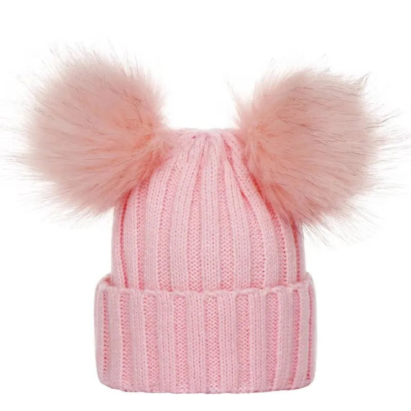 Winter Women Beanie Hats Faux Fur Ball Mother or Kids Hats