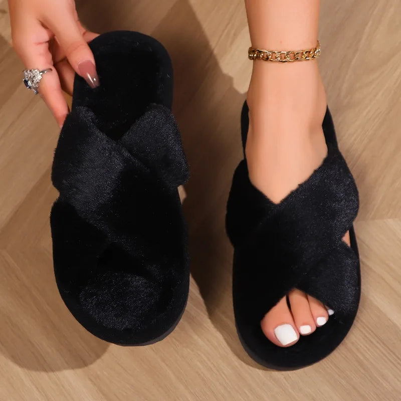 Fashion Cross Strap Fluffy Slippers