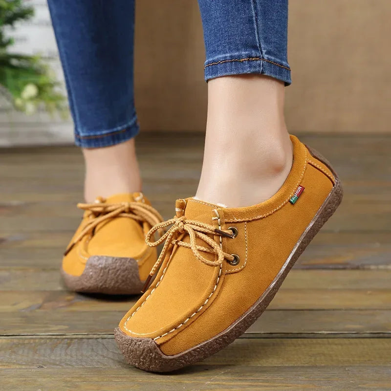 New Arrival Women Casual Shoes 2024 Suede Leather Flats Sneakers Lace Up Moccasins