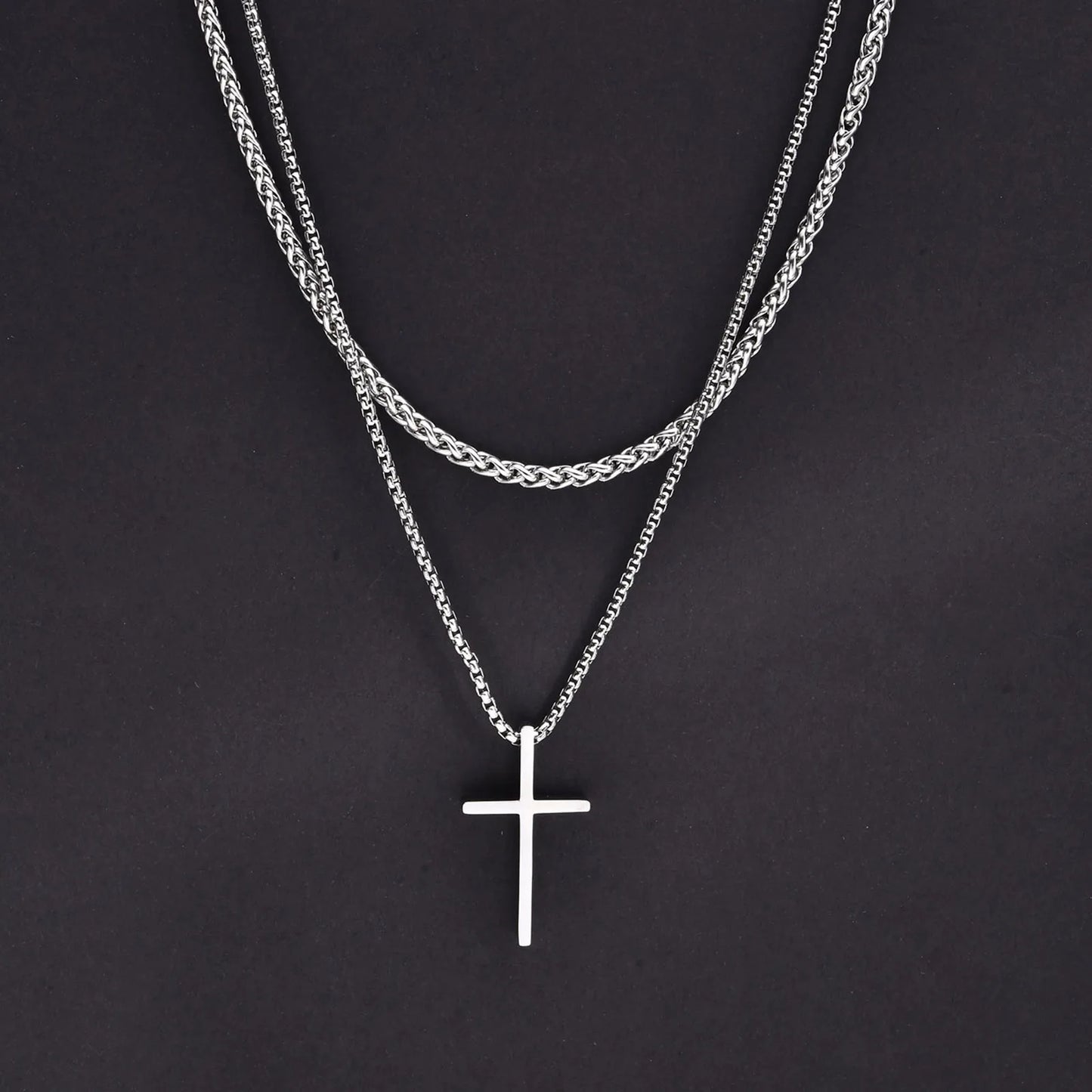 Men's Cross Necklaces, Stainless Steel Layered Rope Box Chain