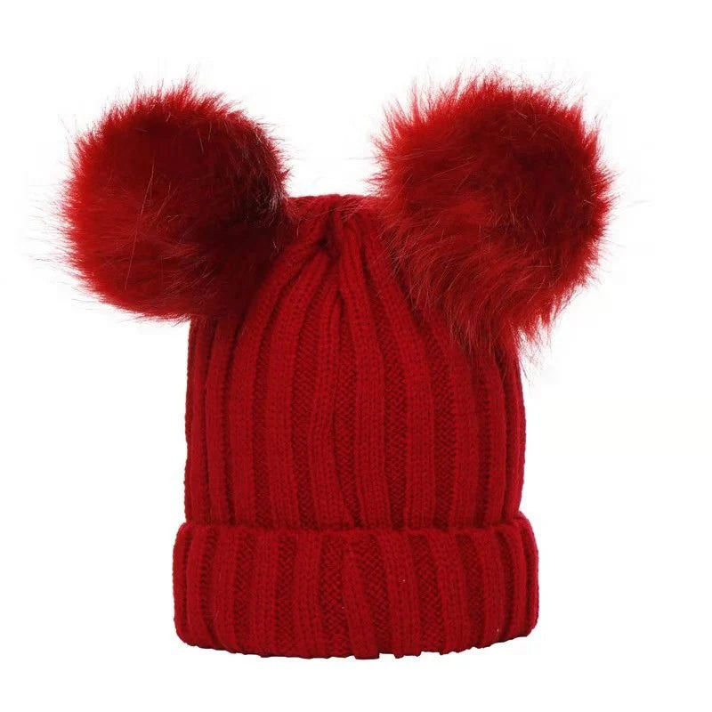 Winter Women Beanie Hats Faux Fur Ball Mother or Kids Hats