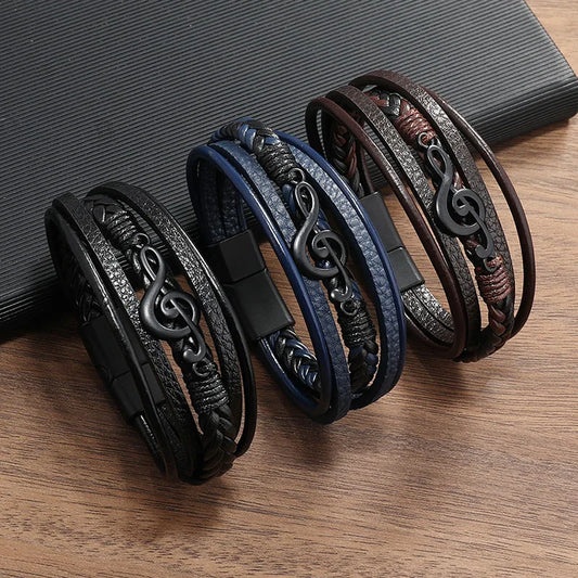 Music Symbol Charm Bracelets for Men Women Multilayer Leather Wristband with Magnetic Clasp