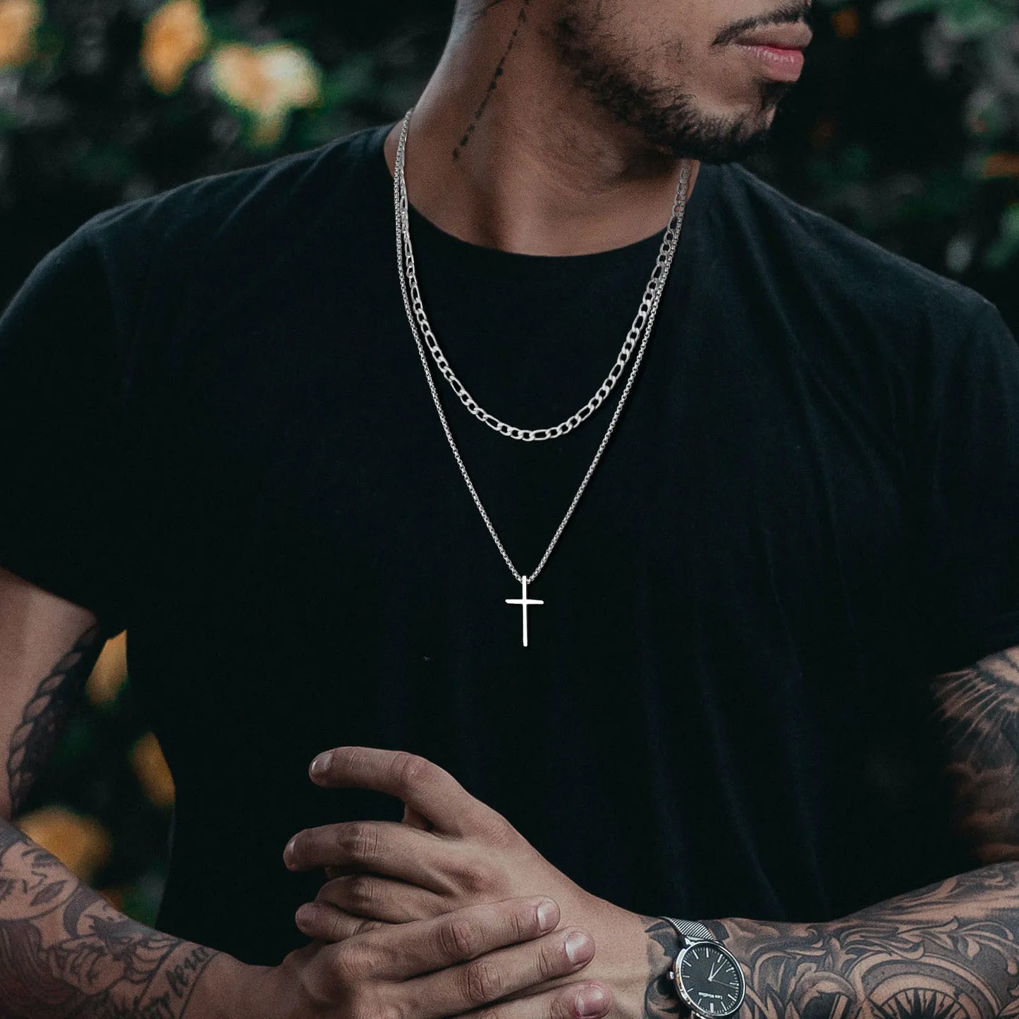 Men's Cross Necklaces, Stainless Steel Layered Rope Box Chain