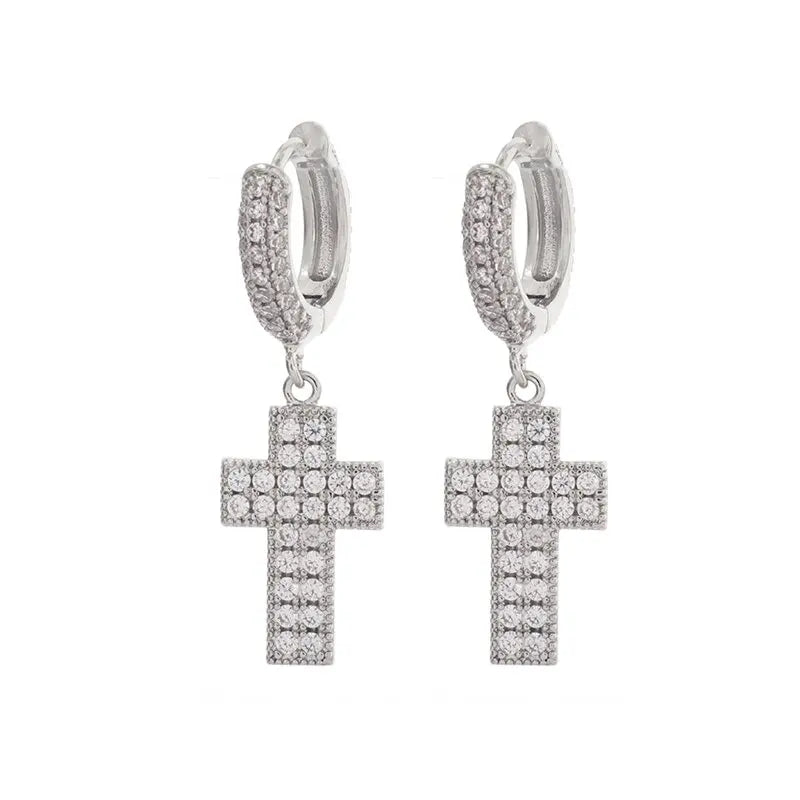 Hip Hop Ice Out Cross Pendant Earrings Hypoallergenic