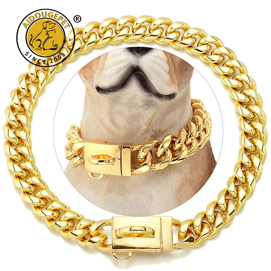 18K Gold Dog Collar Stainless Steel Cuban Link Chain 14mm Wide Metal Pet Necklace for Small Medium Large Dog Collar Product