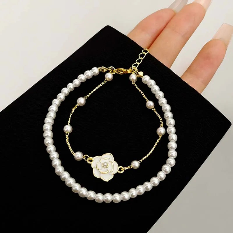 {SALE} White Camellia Flower Bracelets For Women Elegant Double Layer Simulated Pearl Beads Chain Bracelet