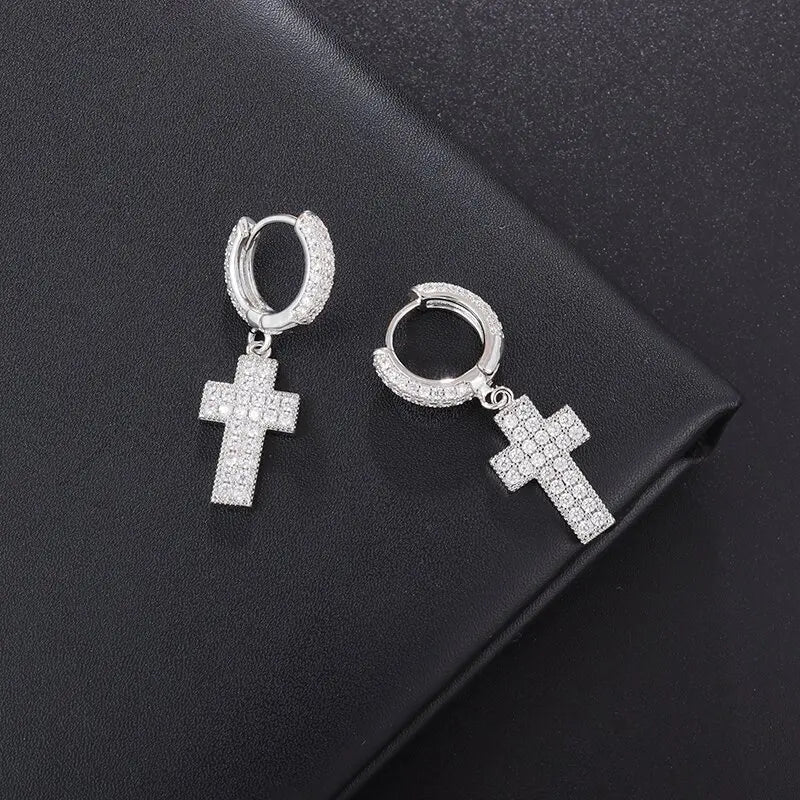 Hip Hop Ice Out Cross Pendant Earrings Hypoallergenic