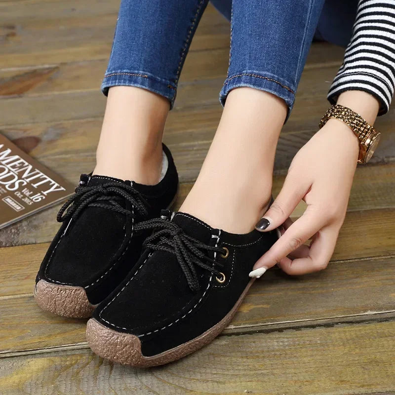 New Arrival Women Casual Shoes 2024 Suede Leather Flats Sneakers Lace Up Moccasins