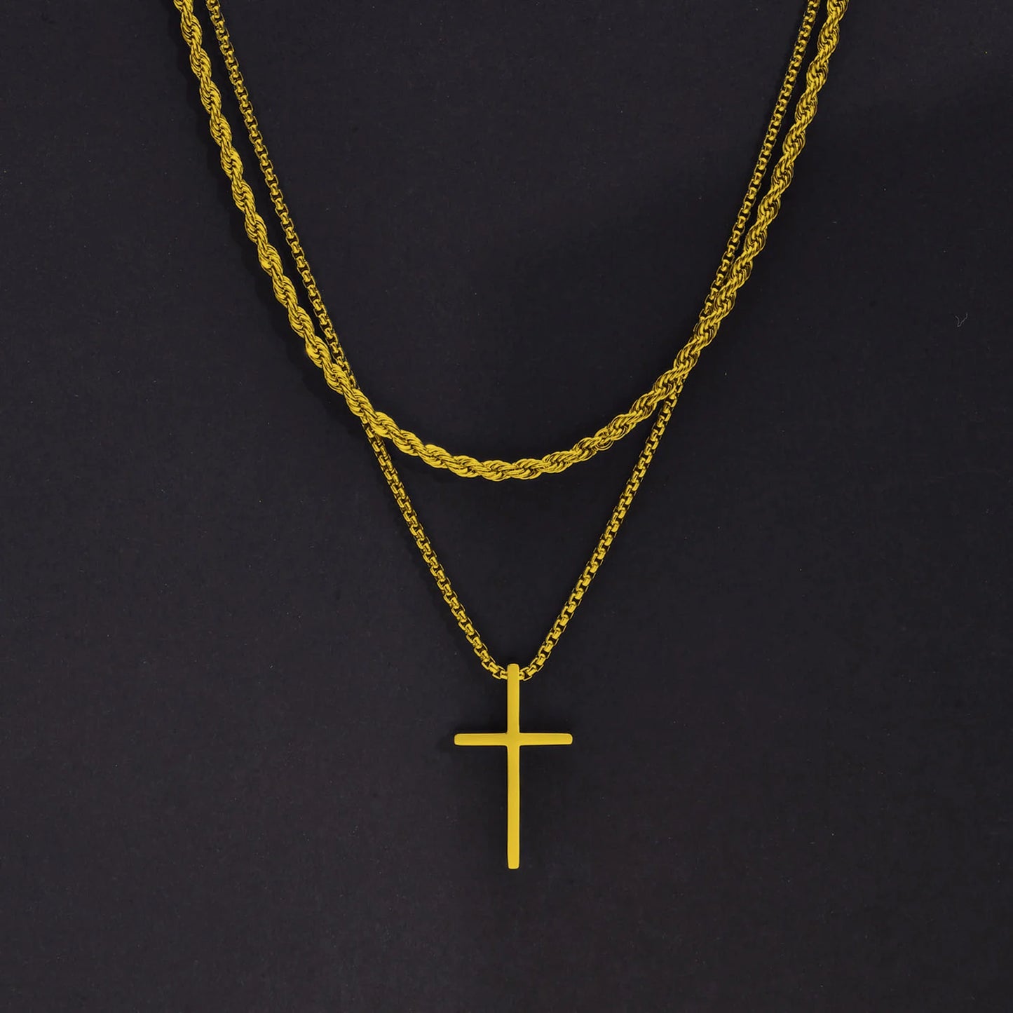 Men's Cross Necklaces, Stainless Steel Layered Rope Box Chain