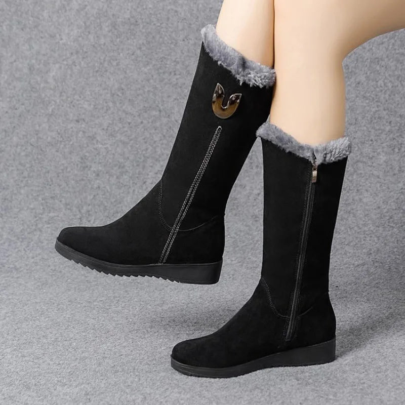 Warm Chelsea High Fur Boots Women's Chunky Mid-Calf Plush Snow Flat Boots ZIP Fashion Boots