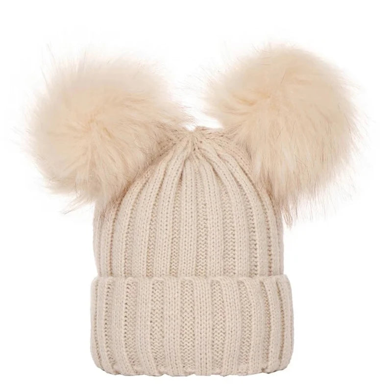 Winter Women Beanie Hats Faux Fur Ball Mother or Kids Hats