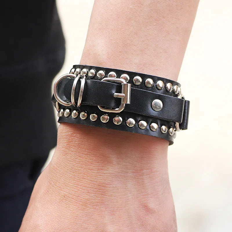 Black/White Leather Wristband Bracelet Cuff Gothic Punk Women/Men Spikes Rivet Stud Bangle