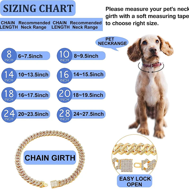 Metal Dog Chain Diamond Cuban Link with Secure Buckle Dog Collars for All Breeds Dogs Cats