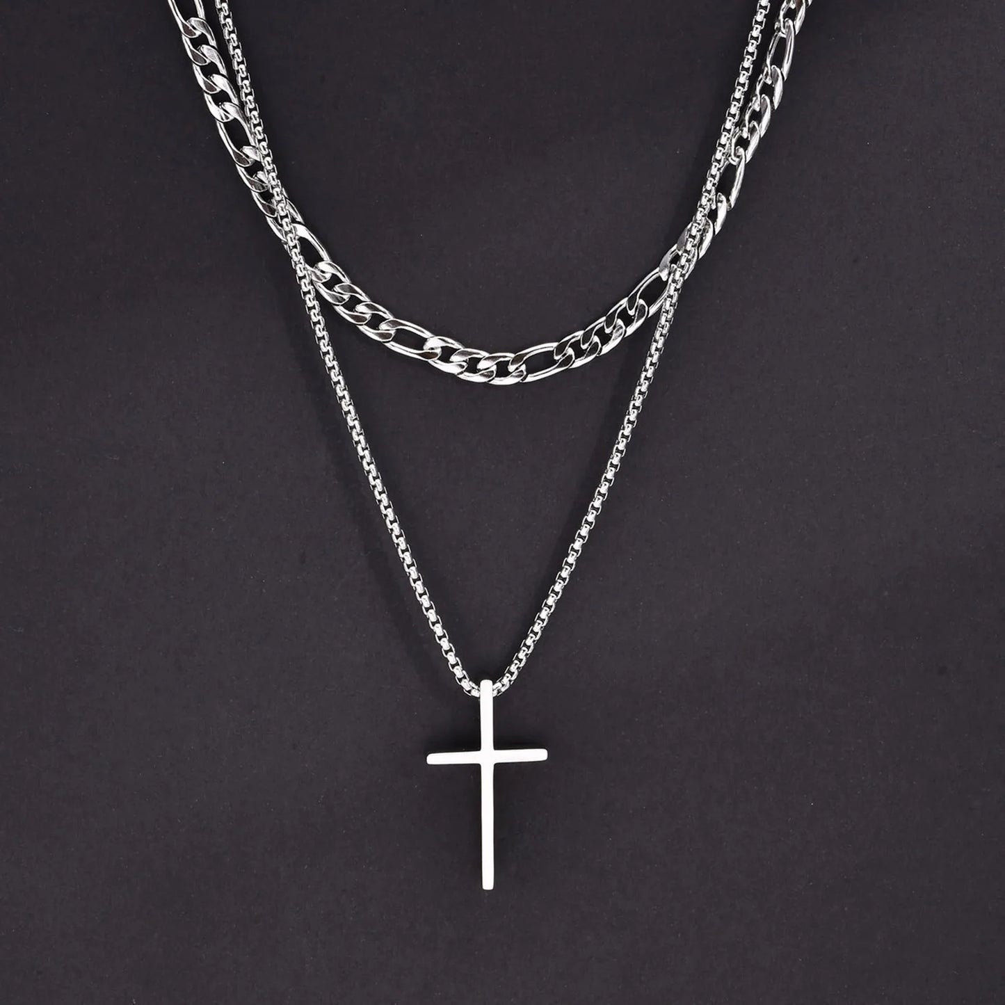 Men's Cross Necklaces, Stainless Steel Layered Rope Box Chain