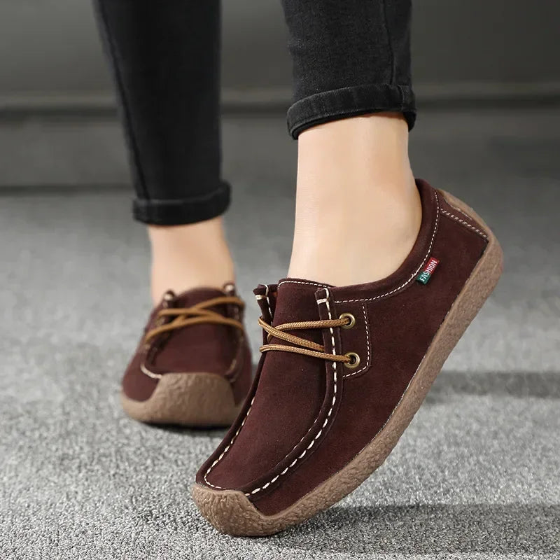 New Arrival Women Casual Shoes 2024 Suede Leather Flats Sneakers Lace Up Moccasins