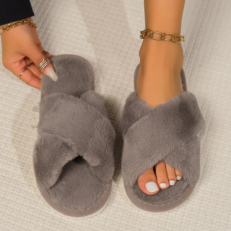 Fashion Cross Strap Fluffy Slippers