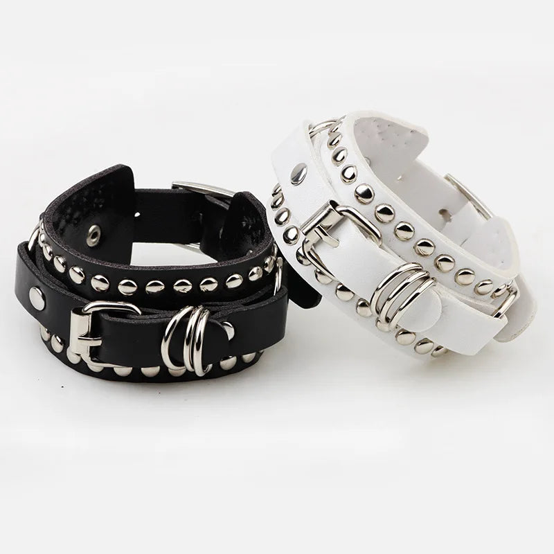 Black/White Leather Wristband Bracelet Cuff Gothic Punk Women/Men Spikes Rivet Stud Bangle