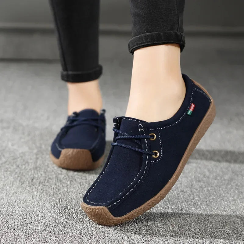 New Arrival Women Casual Shoes 2024 Suede Leather Flats Sneakers Lace Up Moccasins