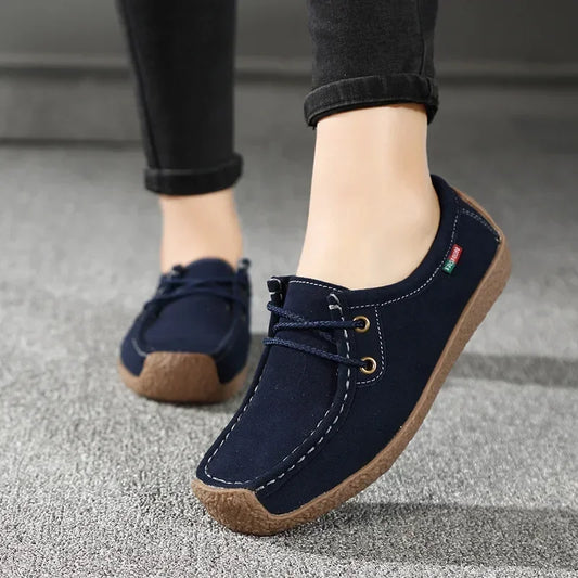 New Arrival Women Casual Shoes 2024 Suede Leather Flats Sneakers Lace Up Moccasins