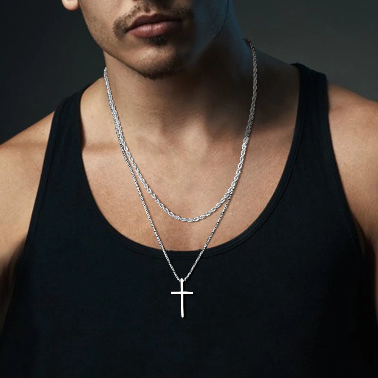 Men's Cross Necklaces, Stainless Steel Layered Rope Box Chain