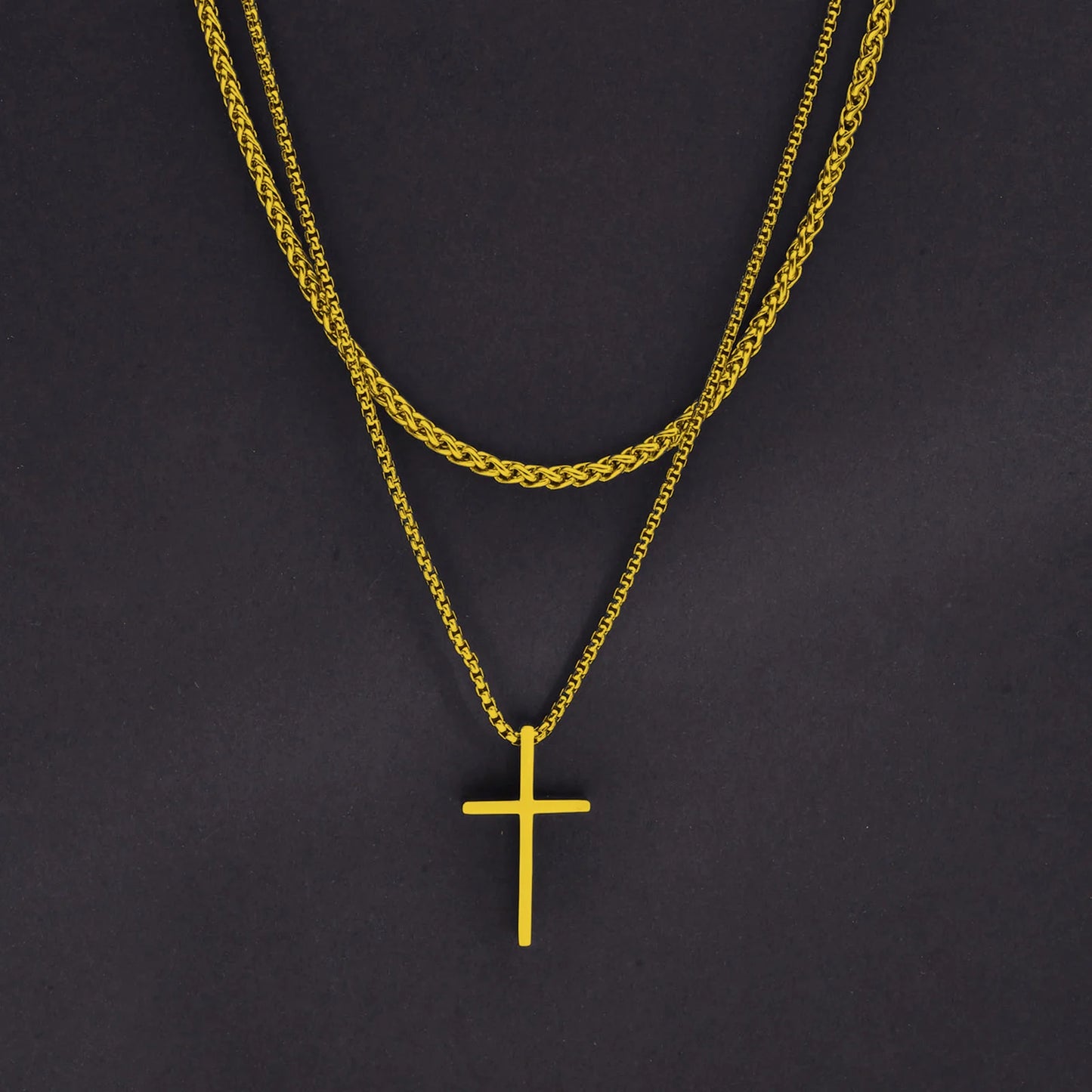 Men's Cross Necklaces, Stainless Steel Layered Rope Box Chain