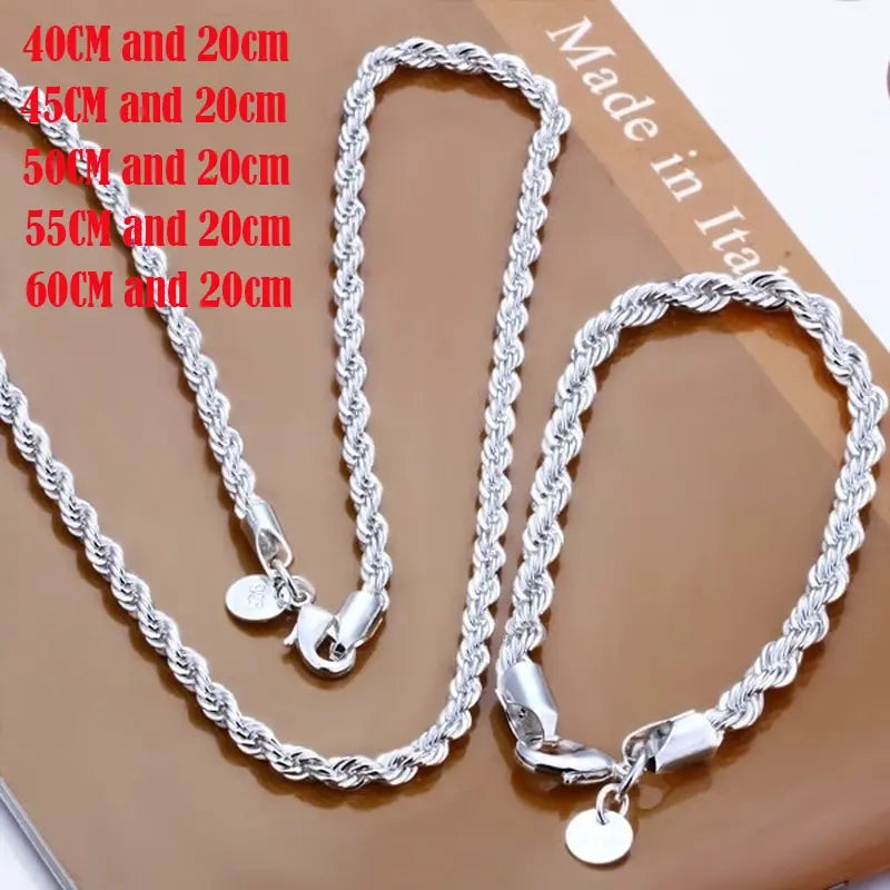 Silver Color 4mm Chain Twisted Rope Necklace Bracelets Fashion Women/Men Silver High Quality Jewelry Set