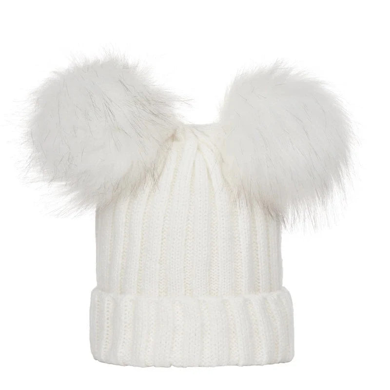 Winter Women Beanie Hats Faux Fur Ball Mother or Kids Hats