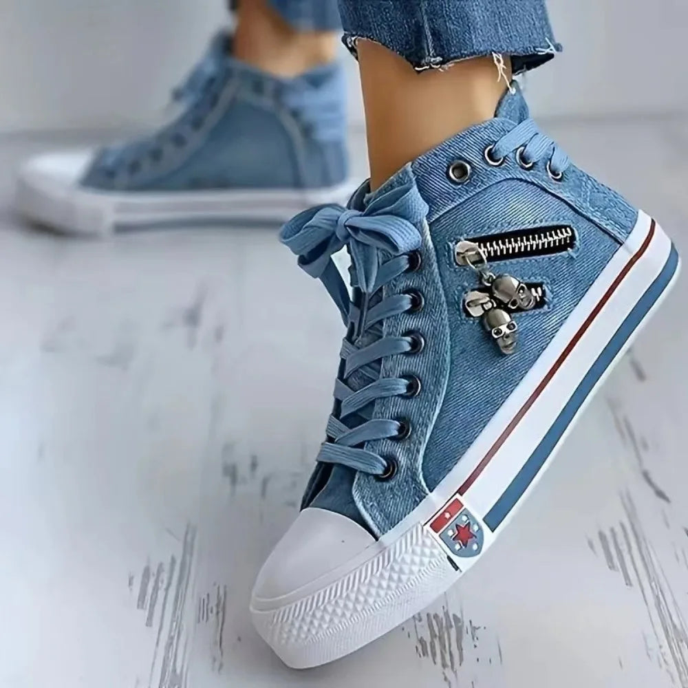 2024 New Women Canvas Shoes Retro Lace Skull Light Blue Retro Denim High Top Sneakers Classic Metal Decoration