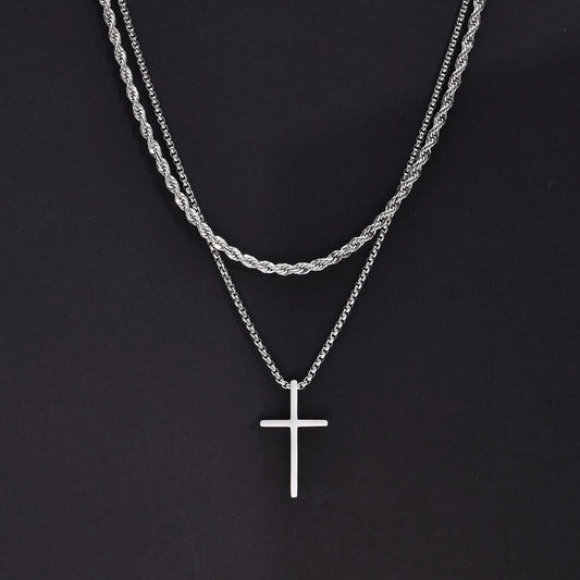 Men's Cross Necklaces, Stainless Steel Layered Rope Box Chain