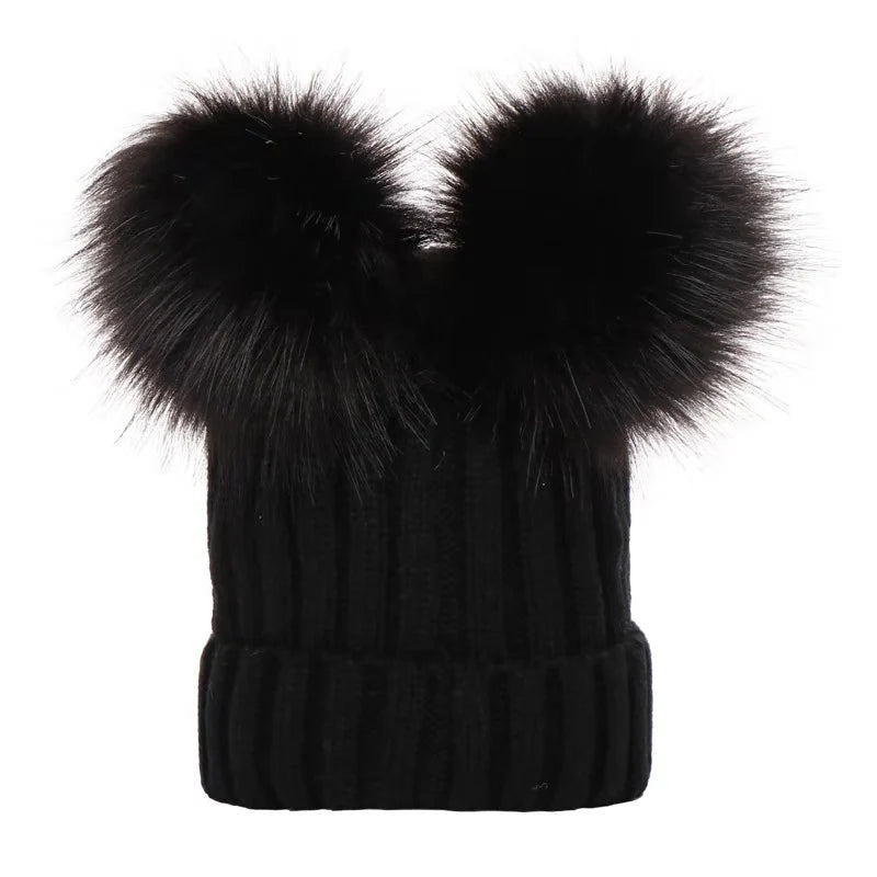 Winter Women Beanie Hats Faux Fur Ball Mother or Kids Hats