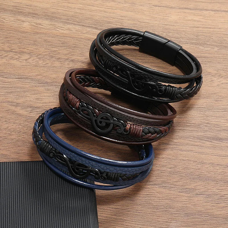 Music Symbol Charm Bracelets for Men Women Multilayer Leather Wristband with Magnetic Clasp