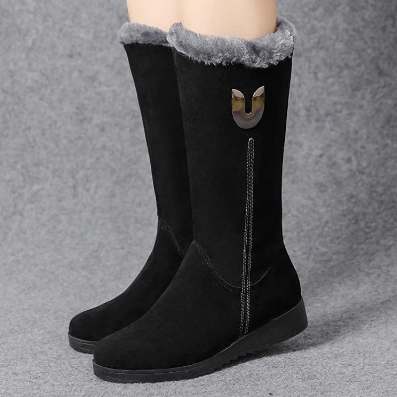 Warm Chelsea High Fur Boots Women's Chunky Mid-Calf Plush Snow Flat Boots ZIP Fashion Boots