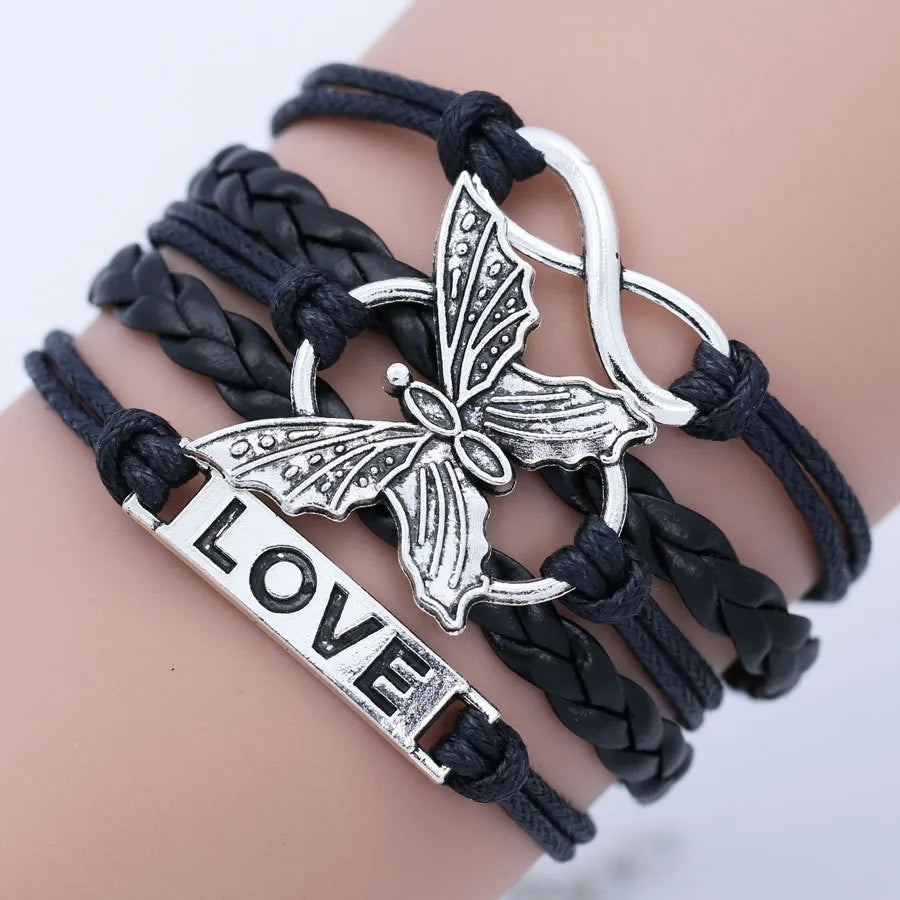 (ONSALE) Multilayer Leather Bracelet With Letter Love And Butterfly (Color: Multicolor)