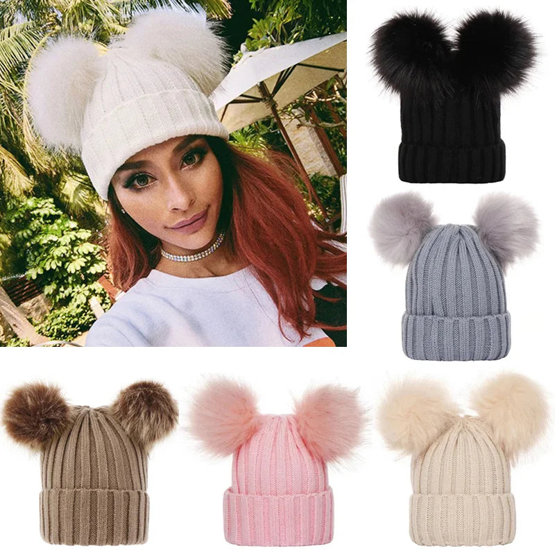 Winter Women Beanie Hats Faux Fur Ball Mother or Kids Hats