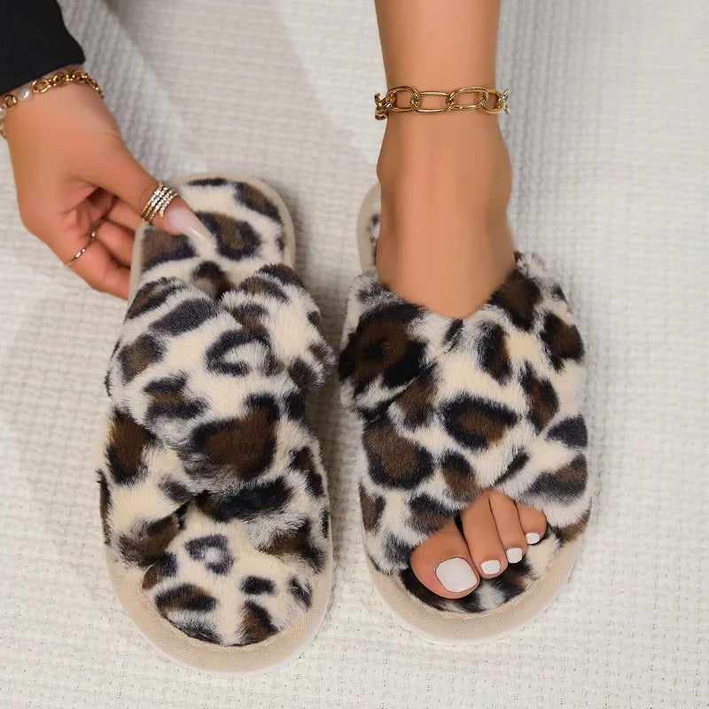 Fashion Cross Strap Fluffy Slippers