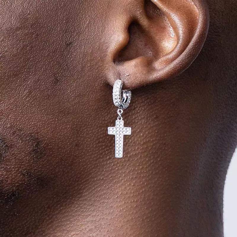 Hip Hop Ice Out Cross Pendant Earrings Hypoallergenic